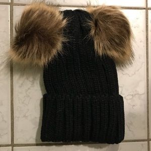 Black Double Pompom Beanie
